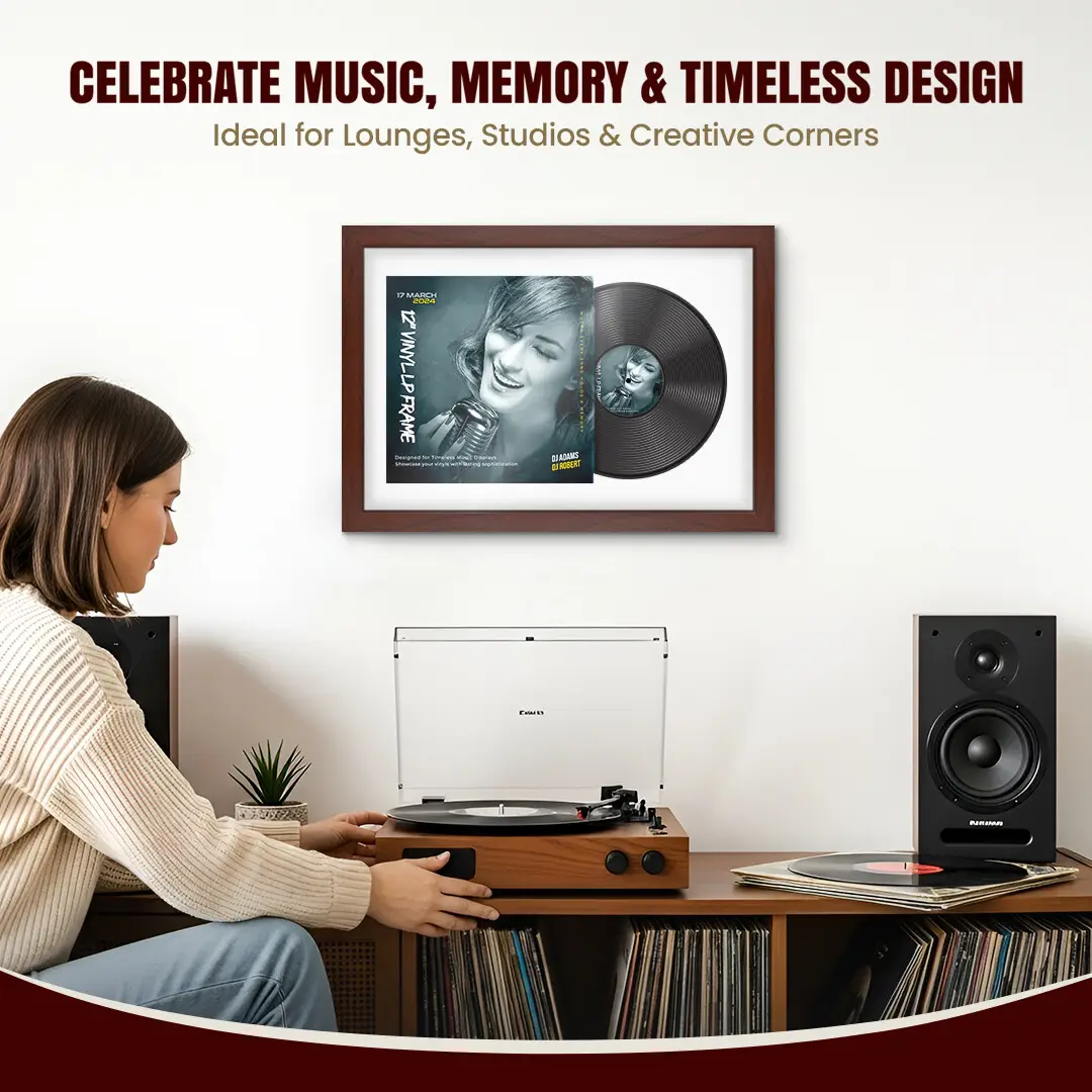 25x17" Modern Rose Wood Vinyl Record Frame For 12 Inch LP Cover & Disc (Overlapped) With Ice White Mount | Elegant Music Display thumbnail 4