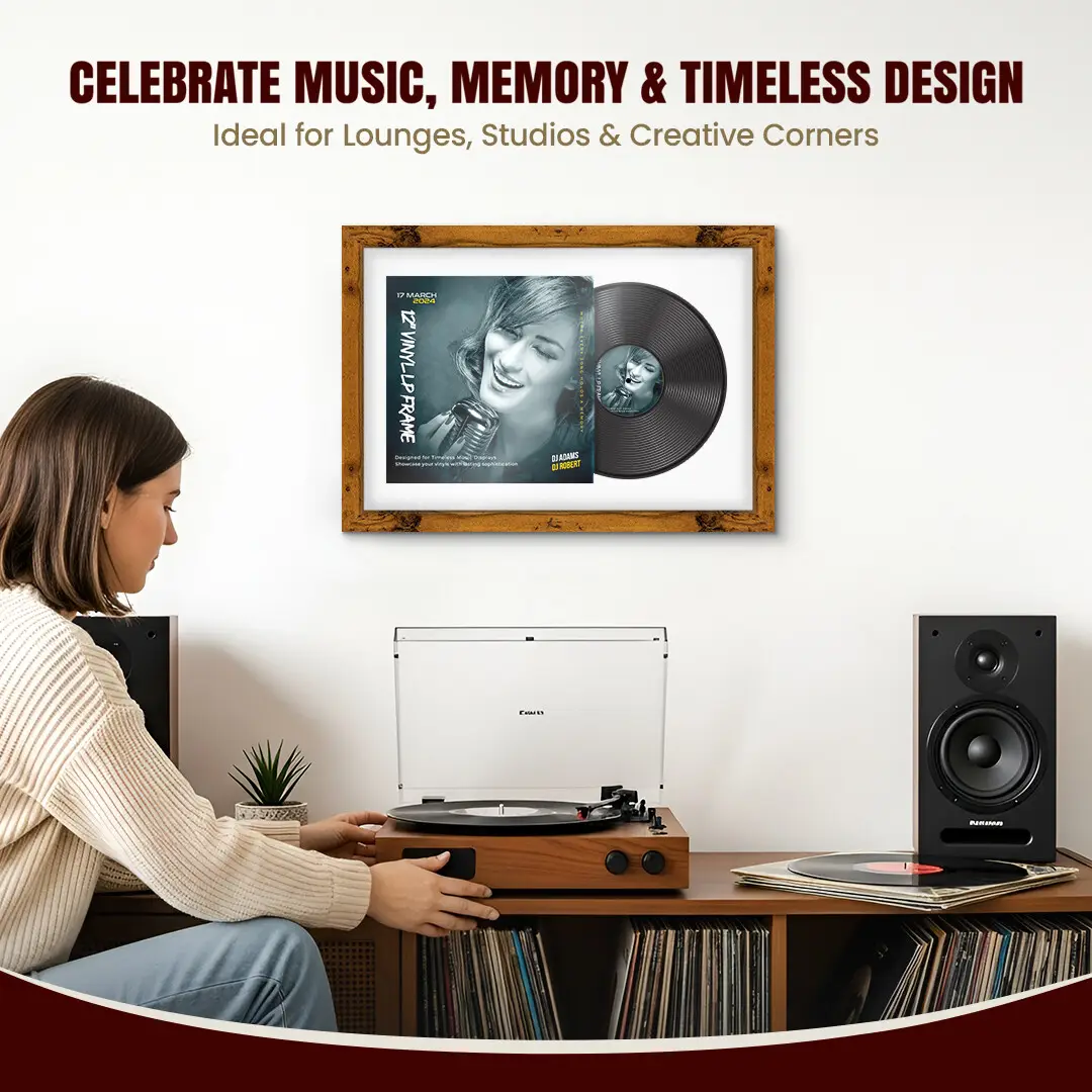 25x17" Modern Rustic Oak Vinyl Record Frame For LP Cover & Disc With Ice White Mount | Overlapped Display thumbnail 4