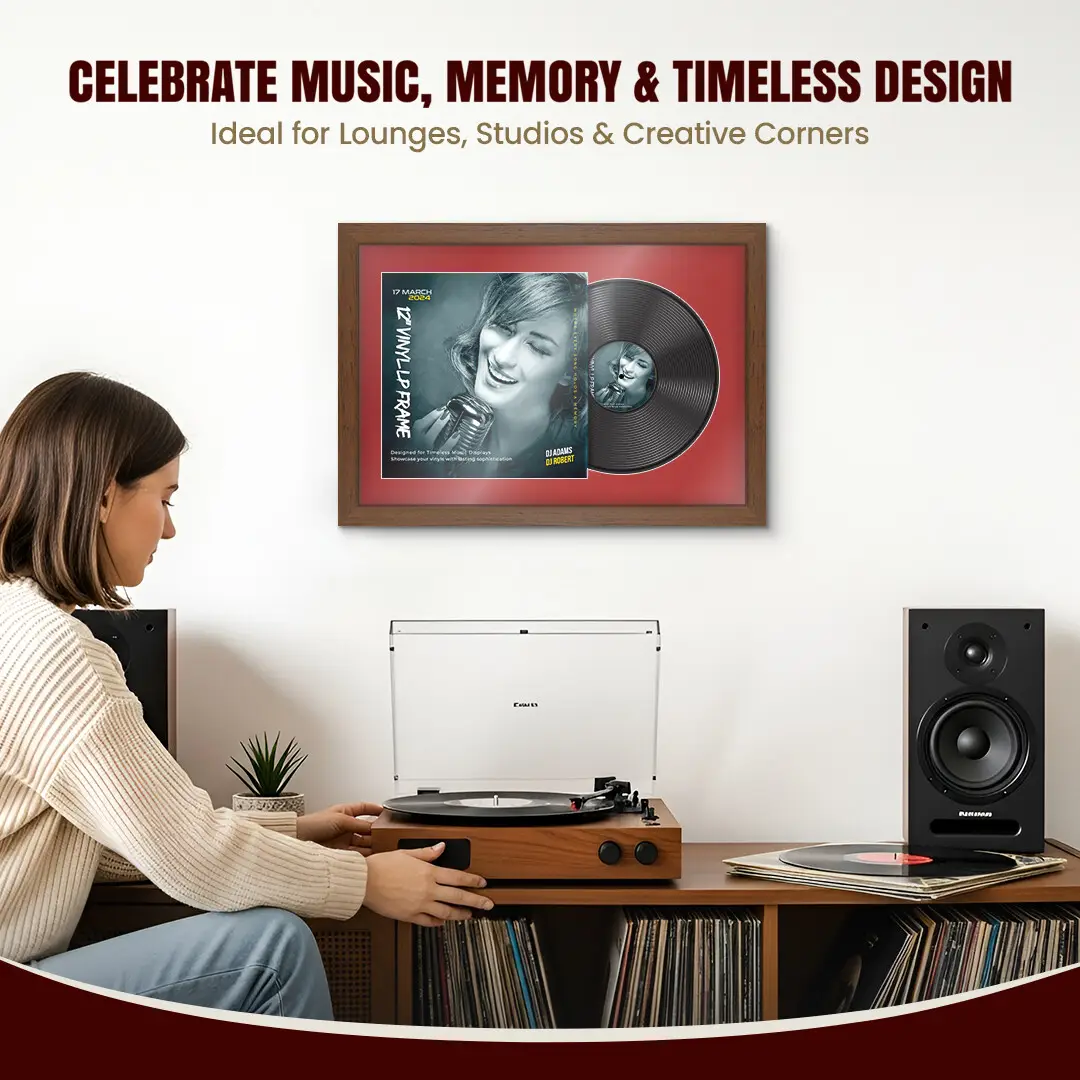 25x17" Modern Walnut Vinyl Record Frame For 12 Inch LP Cover & Disc With Crimson Mount | Overlapped Vinyl Display thumbnail 4