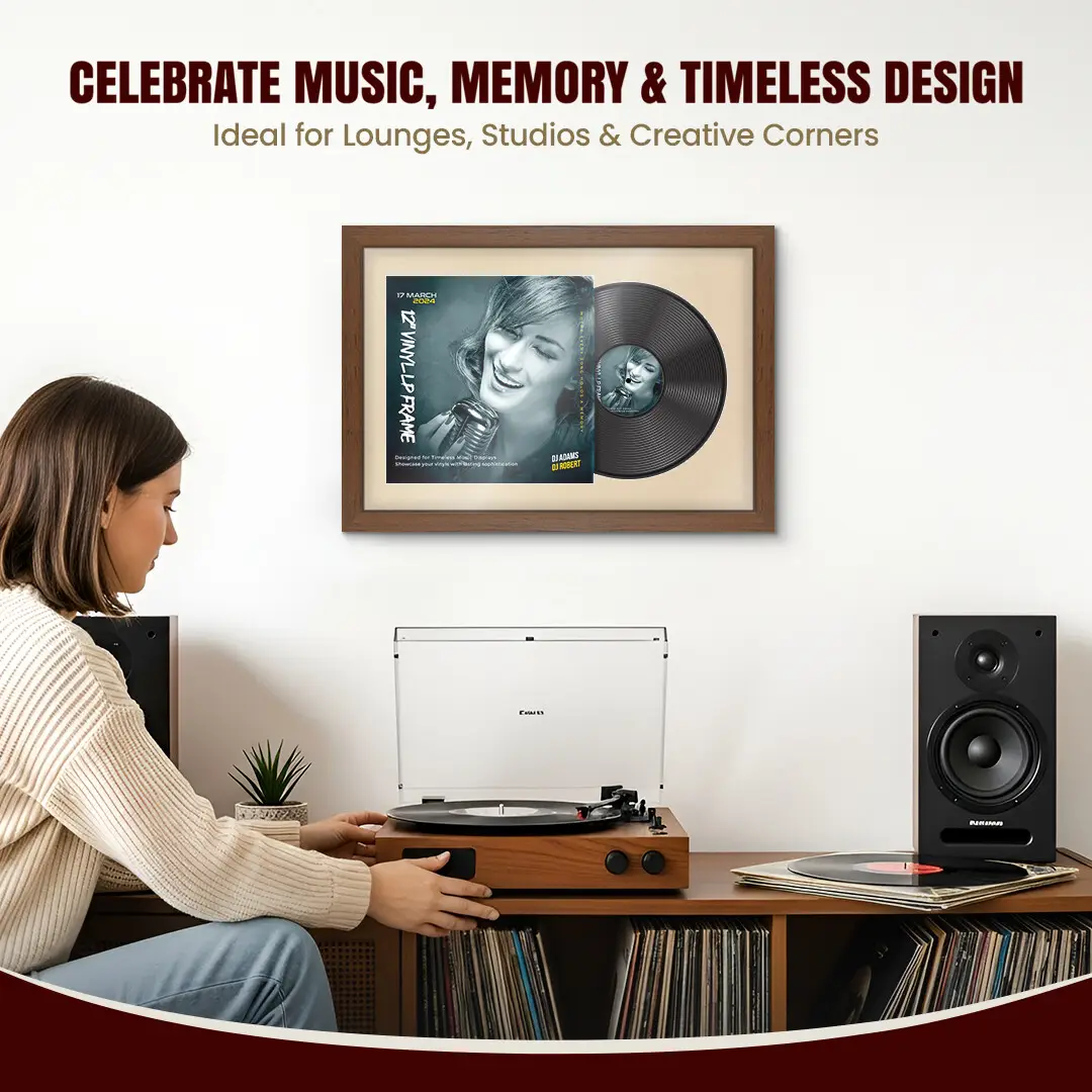 25x17" Modern Walnut Vinyl Record Frame For 12 Inch LP Cover & Disc (Overlapped) With Ivory Mount | Elegant Music Display thumbnail 4