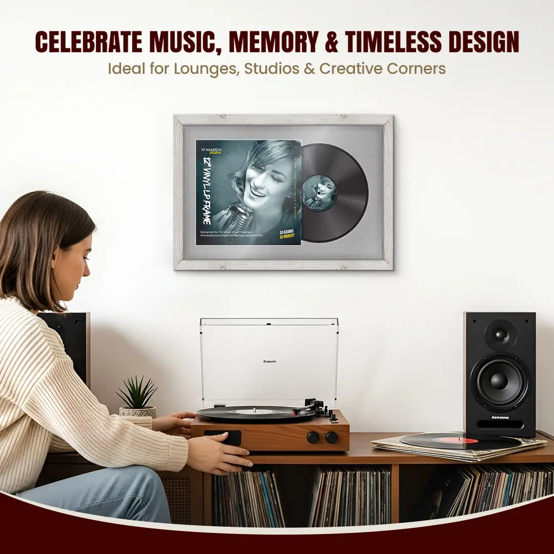 25x17" Modern White Rustic Vinyl Record Frame For LP Cover & Disc With Silver Mount | Overlapped Display thumbnail 4