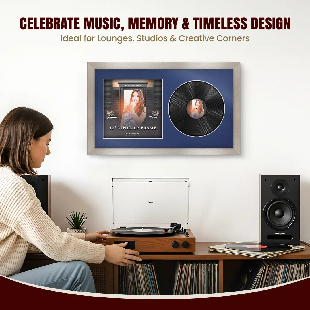 30x17" Modern Aluminium Vinyl Record Frame With Blue Mount | For 12" LP Cover and Disc Side By Side Display thumbnail 4