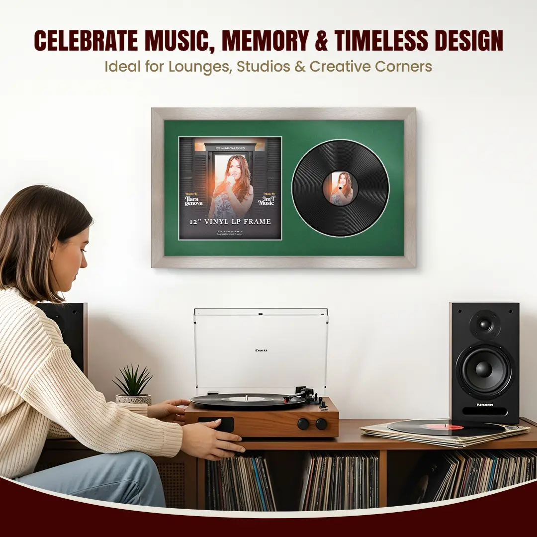 30x17" Modern Aluminium Vinyl Record Frame With Emerald (Green) Mount | Displays 12" LP Cover & Disc Side by Side thumbnail 4