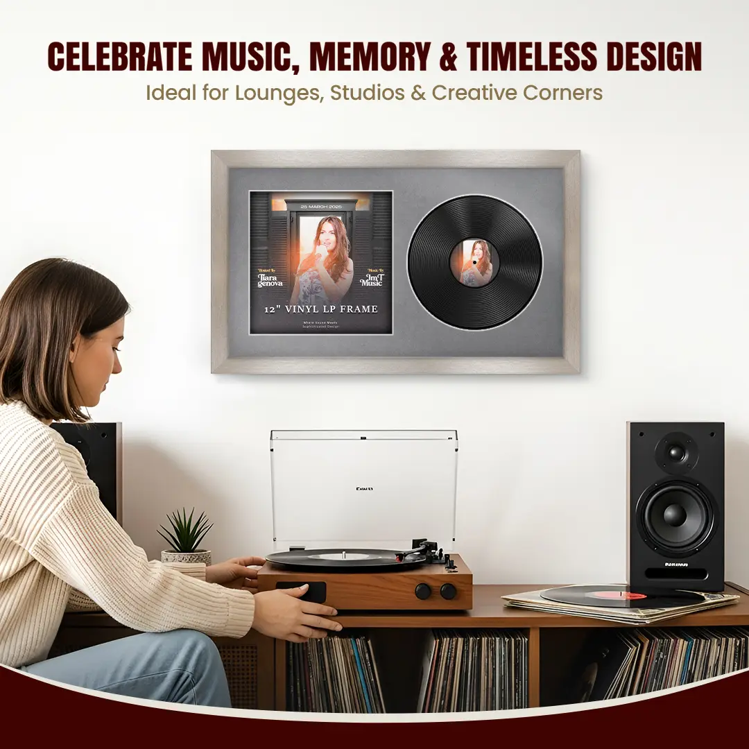 30x17" Modern Aluminium Vinyl Record Frame With Mid Grey Mount | Displays 12" LP Cover & Disc Side by Side thumbnail 4