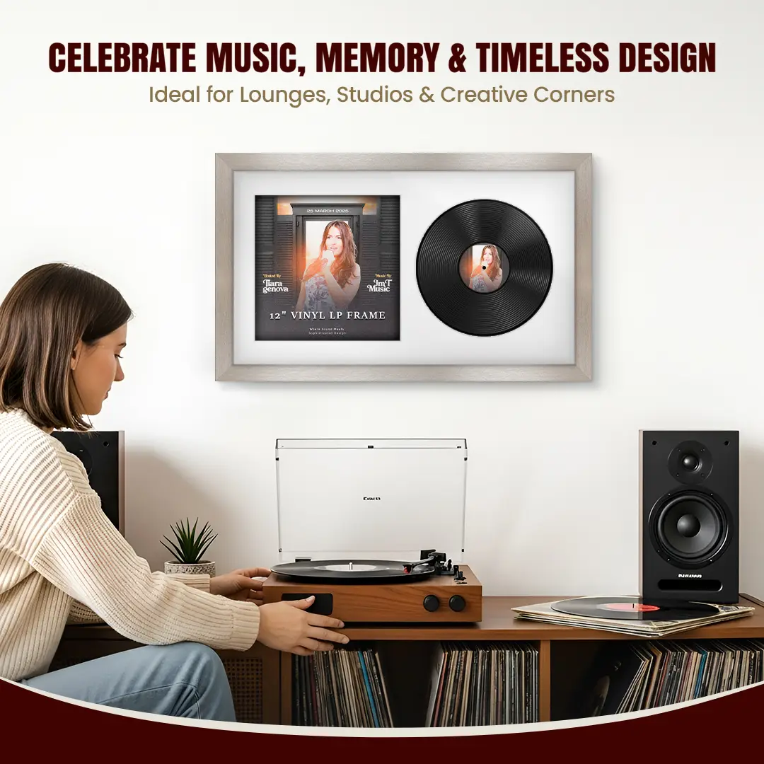 30x17" Modern Aluminium Vinyl Record Frame With Ice White Mount | Displays 12" LP Cover & Disc Side by Side thumbnail 4