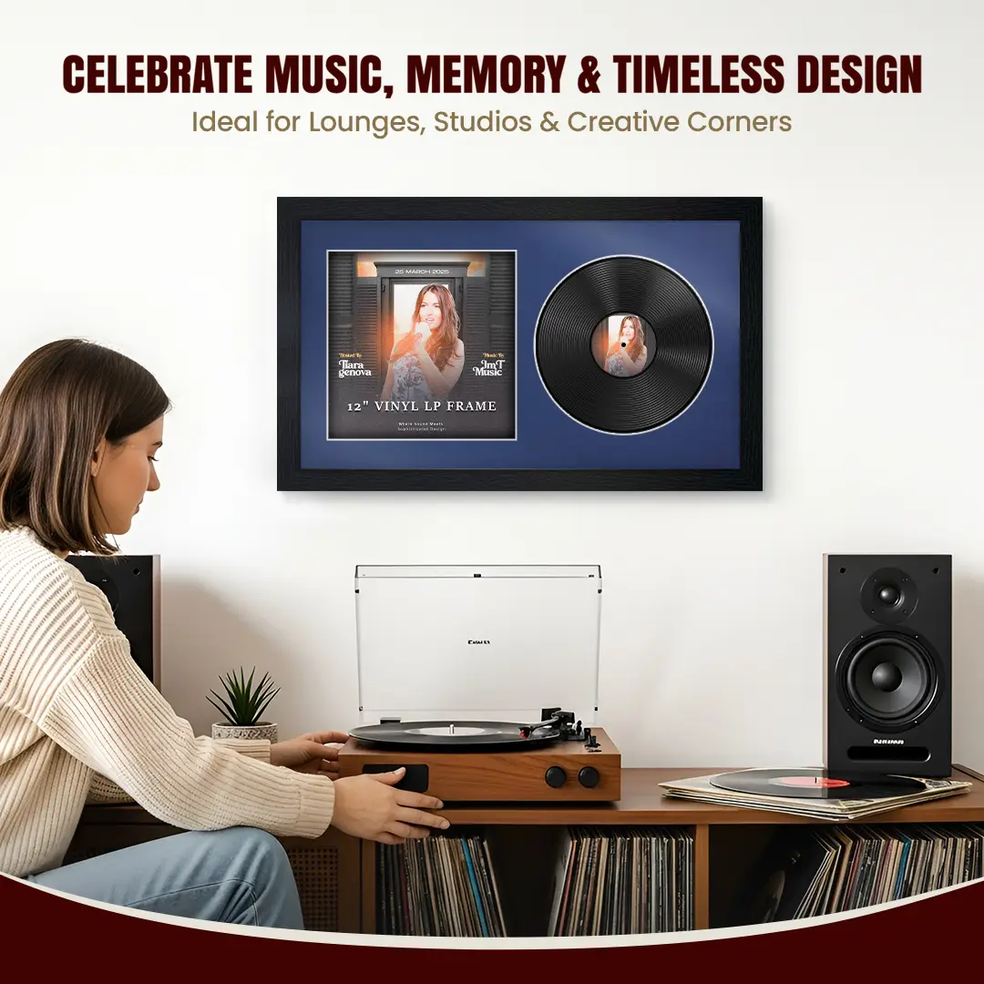 30x17" Modern Black Vinyl Record Frame With Blue Mount | For 12" LP Cover and Disc Side By Side Display thumbnail 4