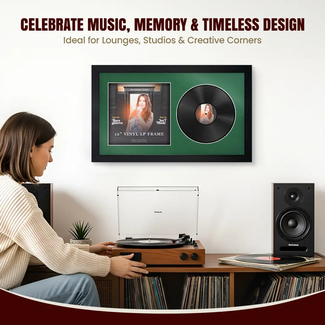30x17" Modern Black Vinyl Record Frame With Emerald (Green) Mount | Displays 12" LP Cover & Disc Side by Side thumbnail 4