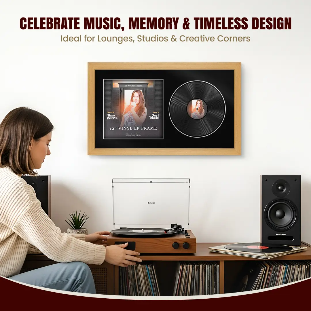 30x17" Modern Country Pine Vinyl Record Frame With Black Mount | Displays 12" LP Cover & Disc Side by Side thumbnail 4