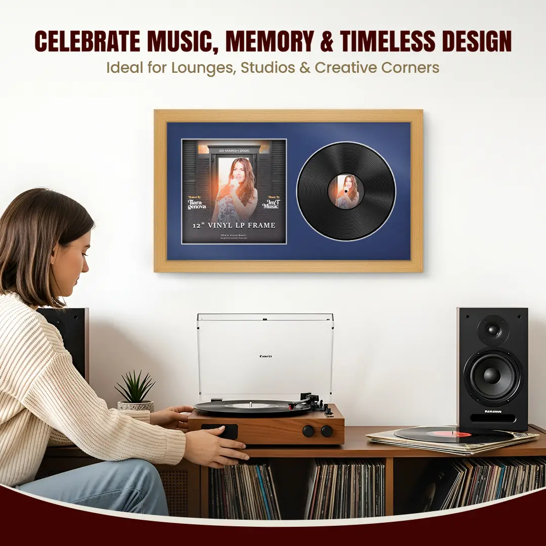30x17" Modern Country Pine Vinyl Record Frame With Blue Mount | Displays 12" LP Cover & Disc Side by Side thumbnail 4