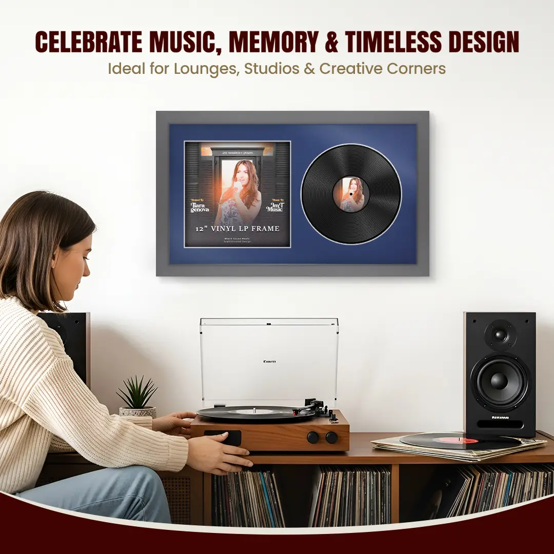 30x17" Modern Dark Grey Vinyl Record Frame With Blue Mount | Side by Side 12" LP Cover & Disc Display thumbnail 4