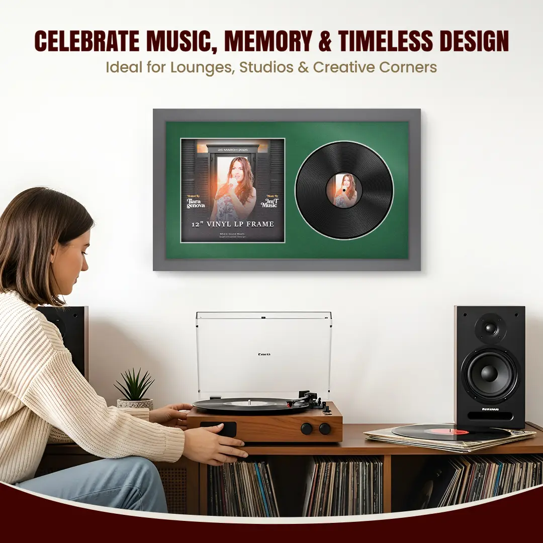 30x17" Modern Dark Grey Vinyl Record Frame With Emerald (Green) Mount | Side by Side 12" LP Cover & Disc Display thumbnail 4