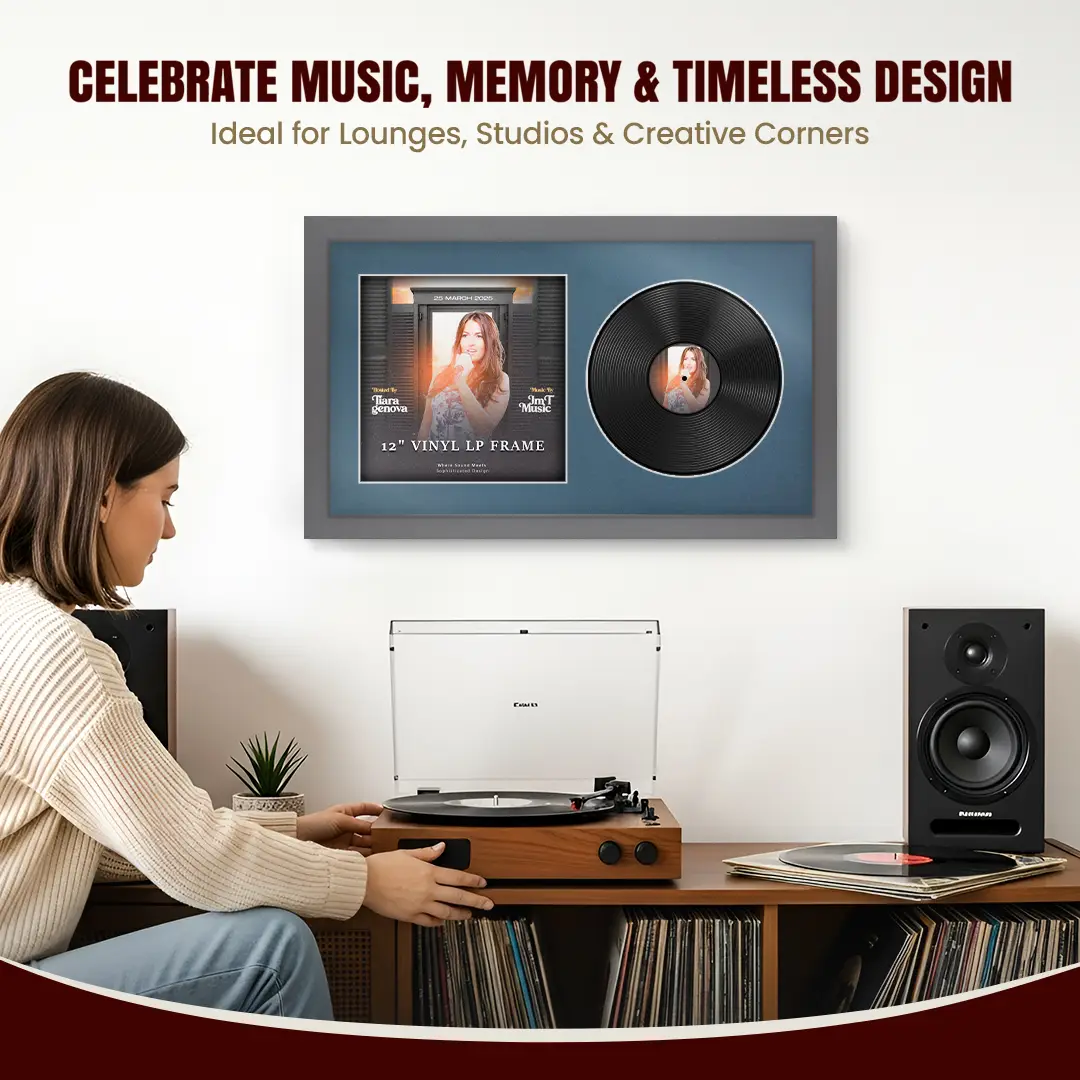 30x17" Modern Dark Grey Vinyl Record Frame With Pompador Mount | For 12" LP Cover and Disc Side By Side Display thumbnail 4