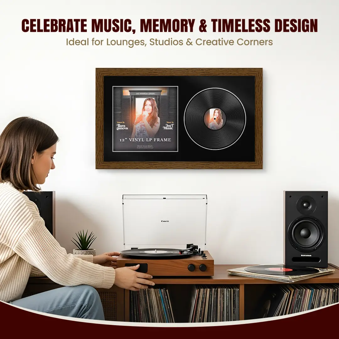 30x17" Modern Dark Oak Vinyl Record Frame With Black Mount | Displays 12" LP Cover & Disc Side by Side thumbnail 4