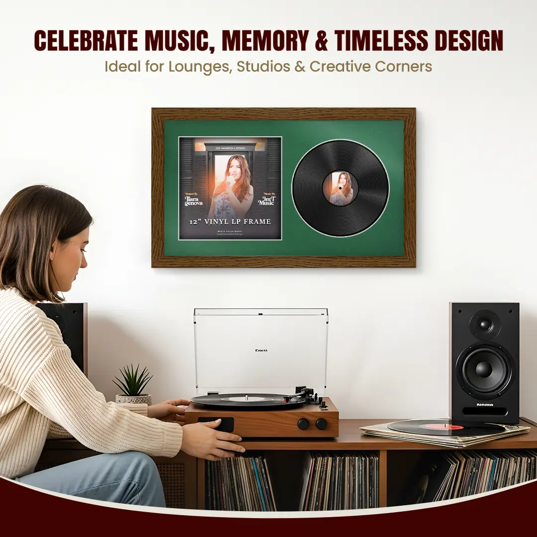 30x17" Modern Dark Oak Vinyl Record Frame With Emerald (Green) Mount | Side by Side 12" LP Cover & Disc Display thumbnail 4