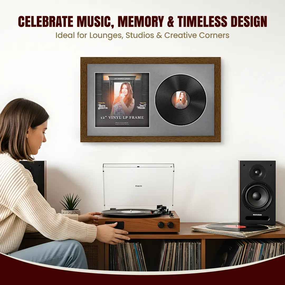 30x17" Modern Dark Oak Vinyl Record Frame With Mid Grey Mount | Displays 12" LP Cover & Disc Side by Side thumbnail 4