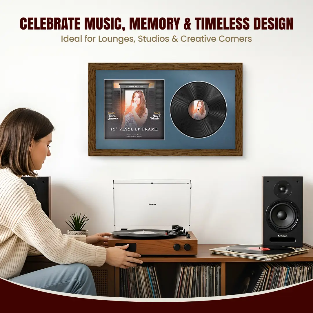 30x17" Modern Dark Oak Vinyl Record Frame With Pompador Mount | For 12" LP Cover and Disc Side By Side Display thumbnail 4