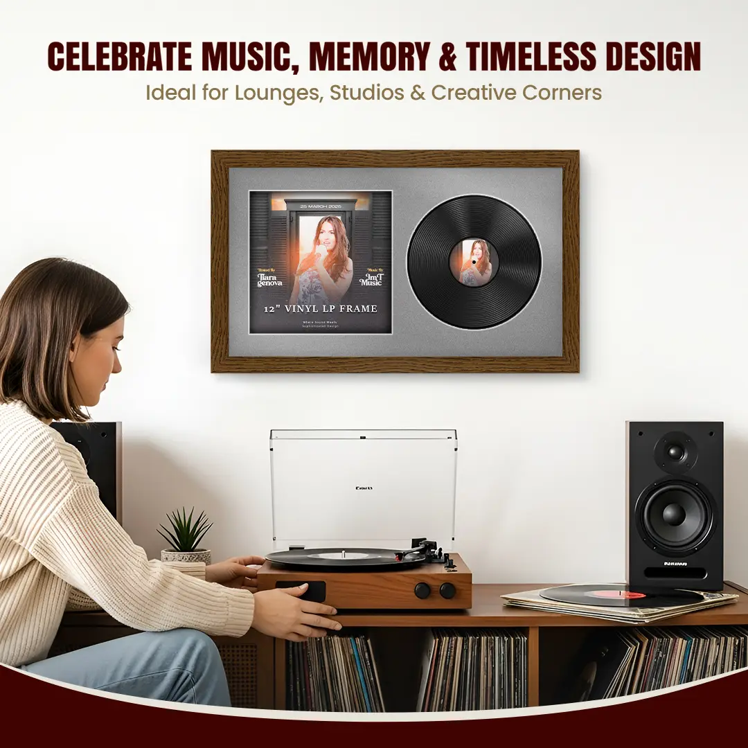 30x17" Modern Dark Oak Vinyl Record Frame With Silver Mount | For 12" LP Cover and Disc Side By Side Display thumbnail 4