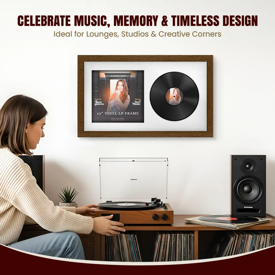 30x17" Modern Dark Oak Vinyl Record Frame With Ice White Mount | Displays 12" LP Cover & Disc Side by Side thumbnail 4