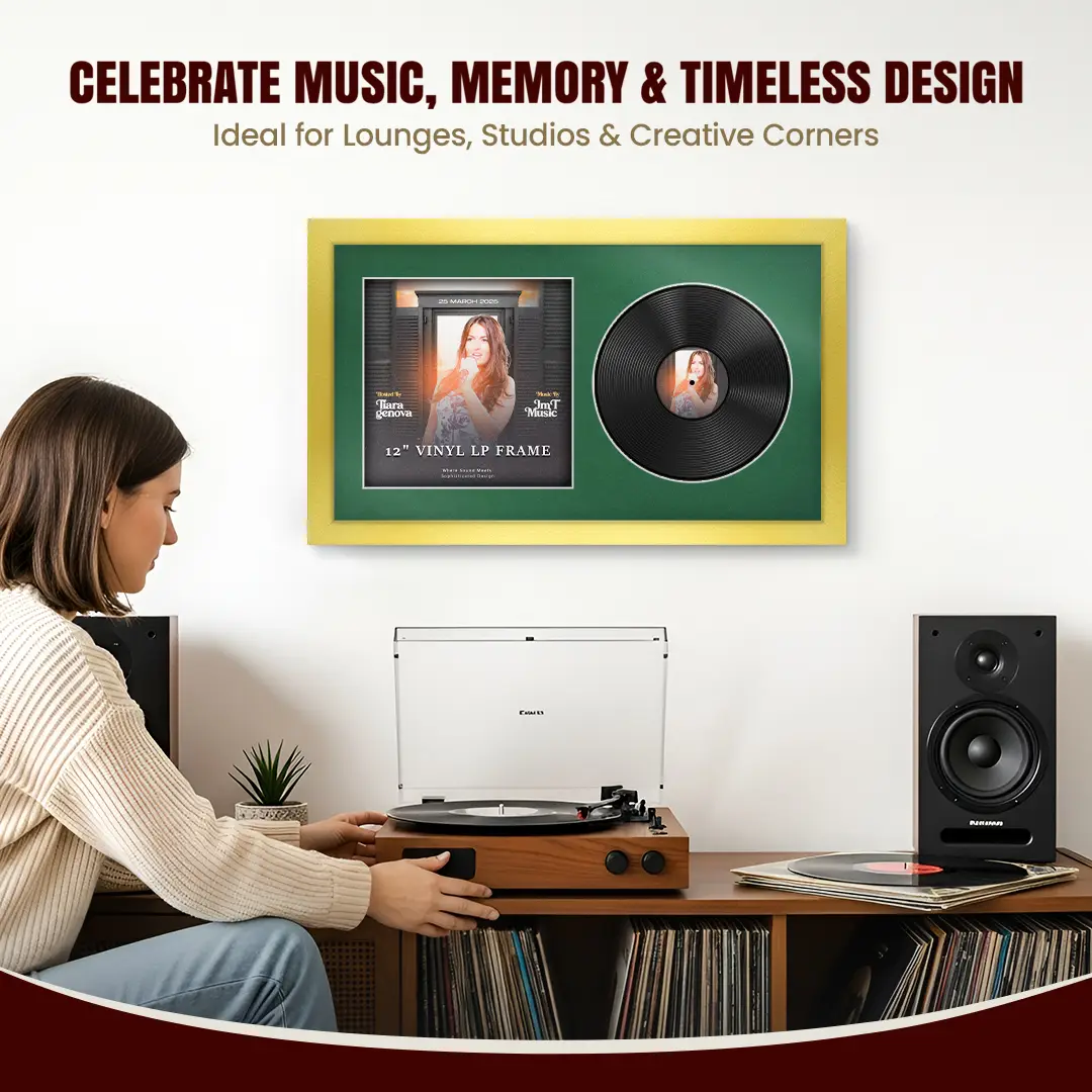 30x17" Modern Gold Vinyl Record Frame With Emerald (Green) Mount | For 12" LP Cover and Disc Side By Side Display thumbnail 4