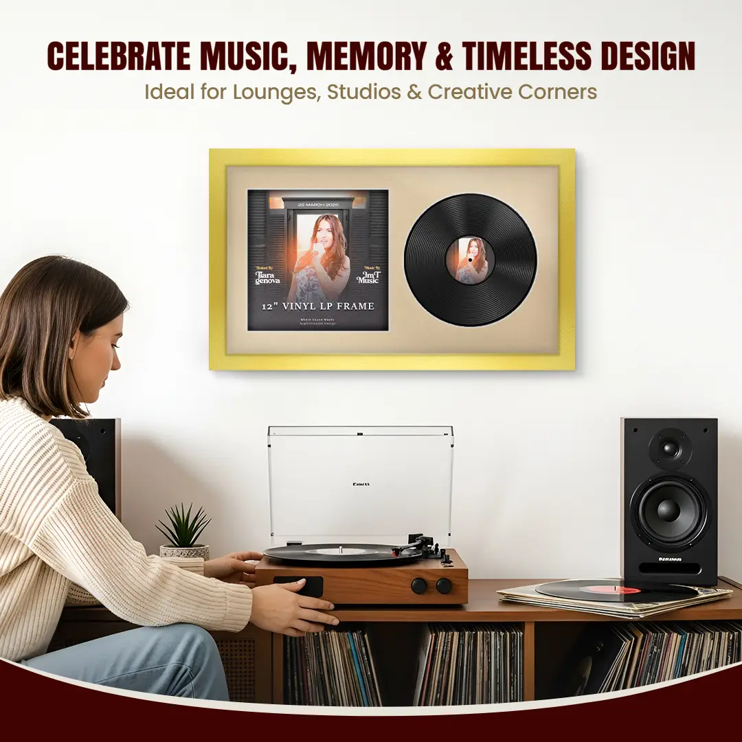 30x17" Modern Gold Vinyl Record Frame With Ivory Mount | For 12" LP Cover and Disc Side By Side Display thumbnail 4