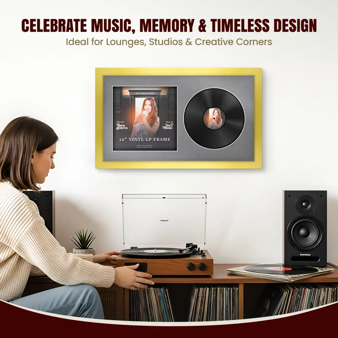 30x17" Modern Gold Vinyl Record Frame With Mid Grey Mount | Side by Side 12" LP Cover & Disc Display thumbnail 4