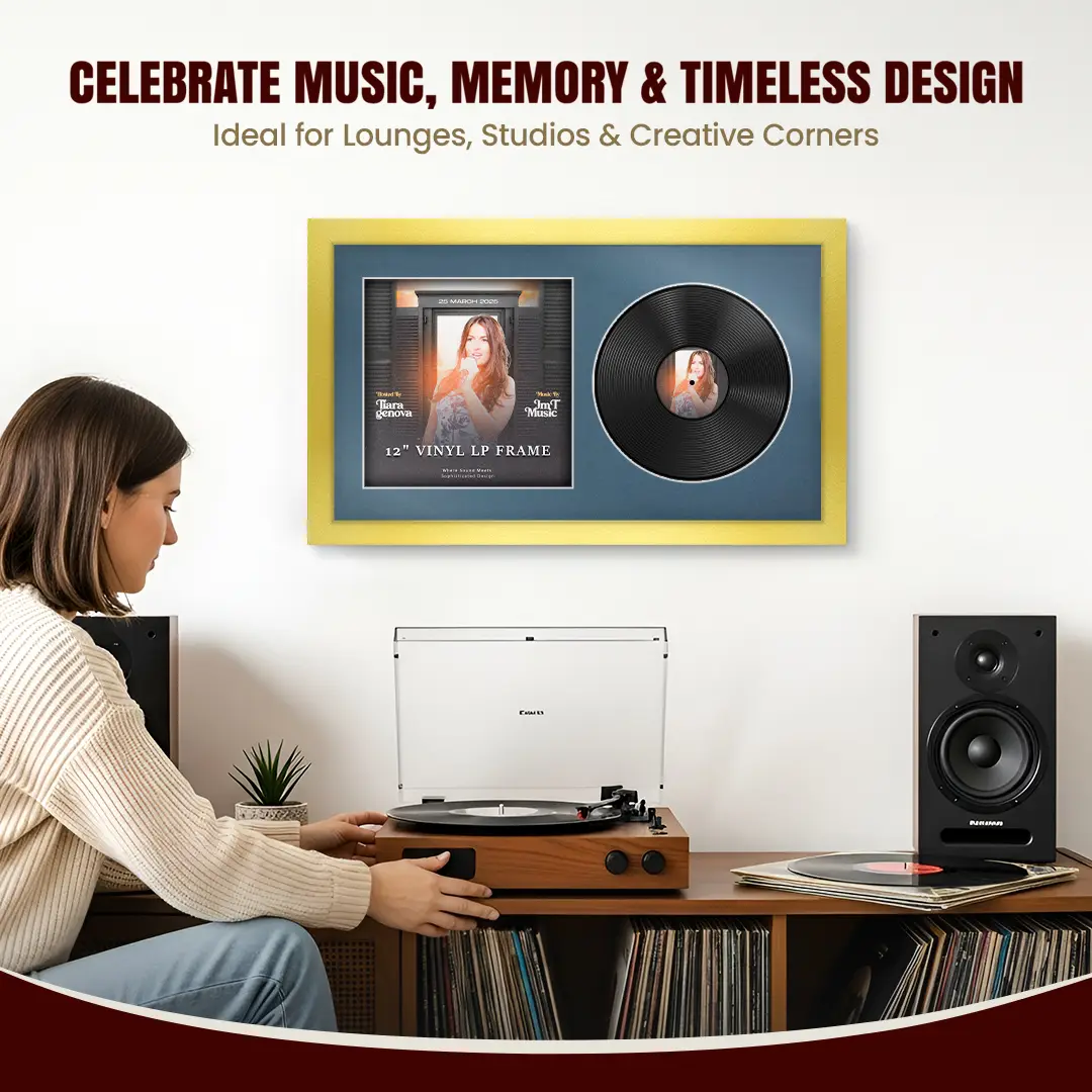 30x17" Modern Gold Vinyl Record Frame With Pompador Mount | Side by Side 12" LP Cover & Disc Display thumbnail 4