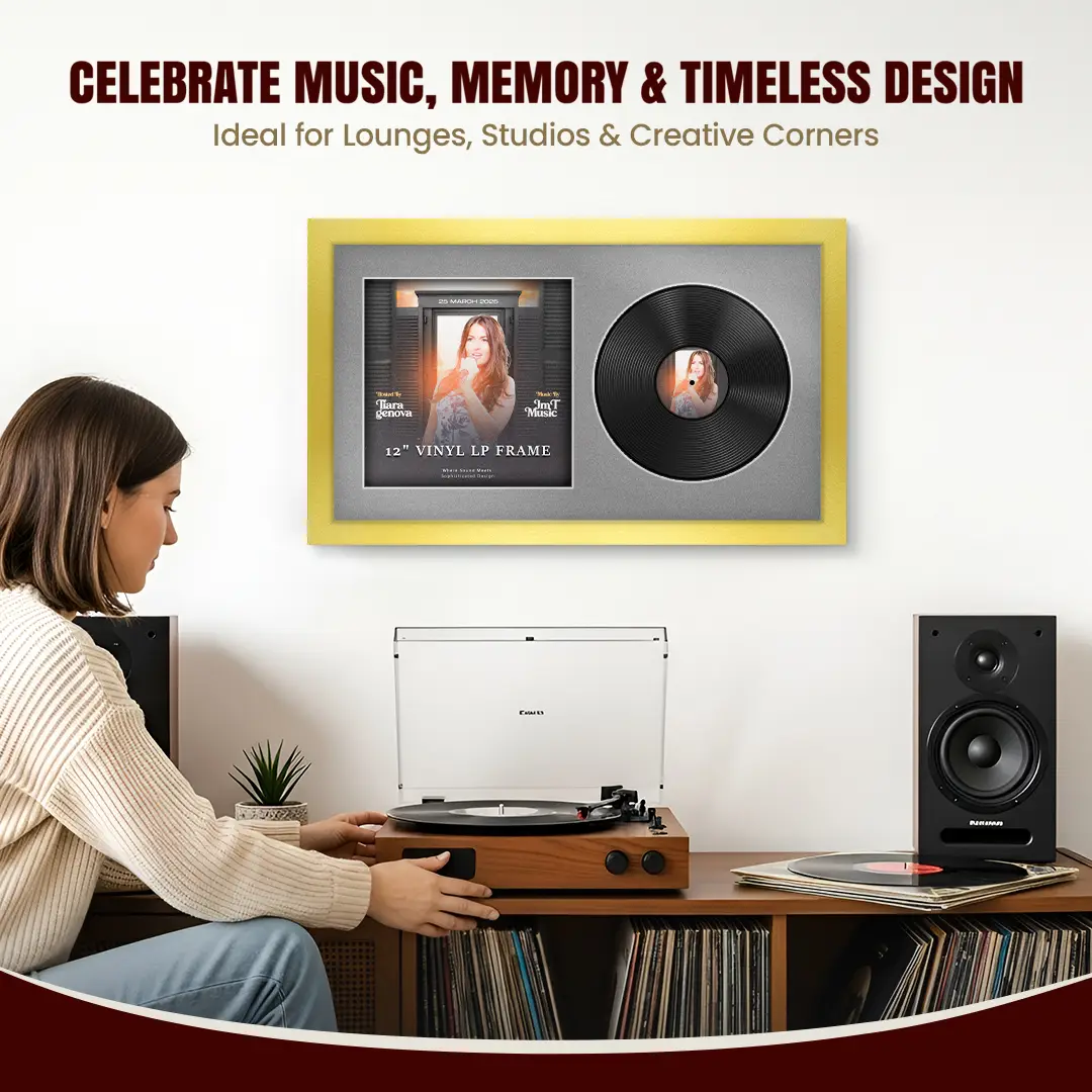 30x17" Modern Gold Vinyl Record Frame With Silver Mount | Displays 12" LP Cover & Disc Side by Side thumbnail 4