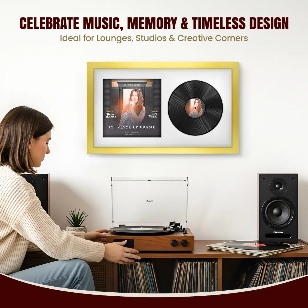 30x17" Modern Gold Vinyl Record Frame With Ice White Mount | For 12" LP Cover and Disc Side By Side Display thumbnail 4