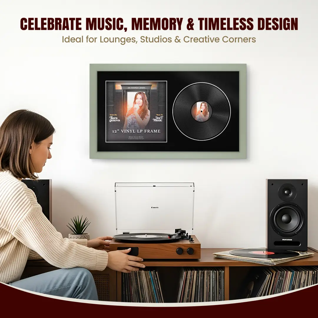 30x17" Modern Green Vinyl Record Frame With Black Mount | For 12" LP Cover and Disc Side By Side Display thumbnail 4