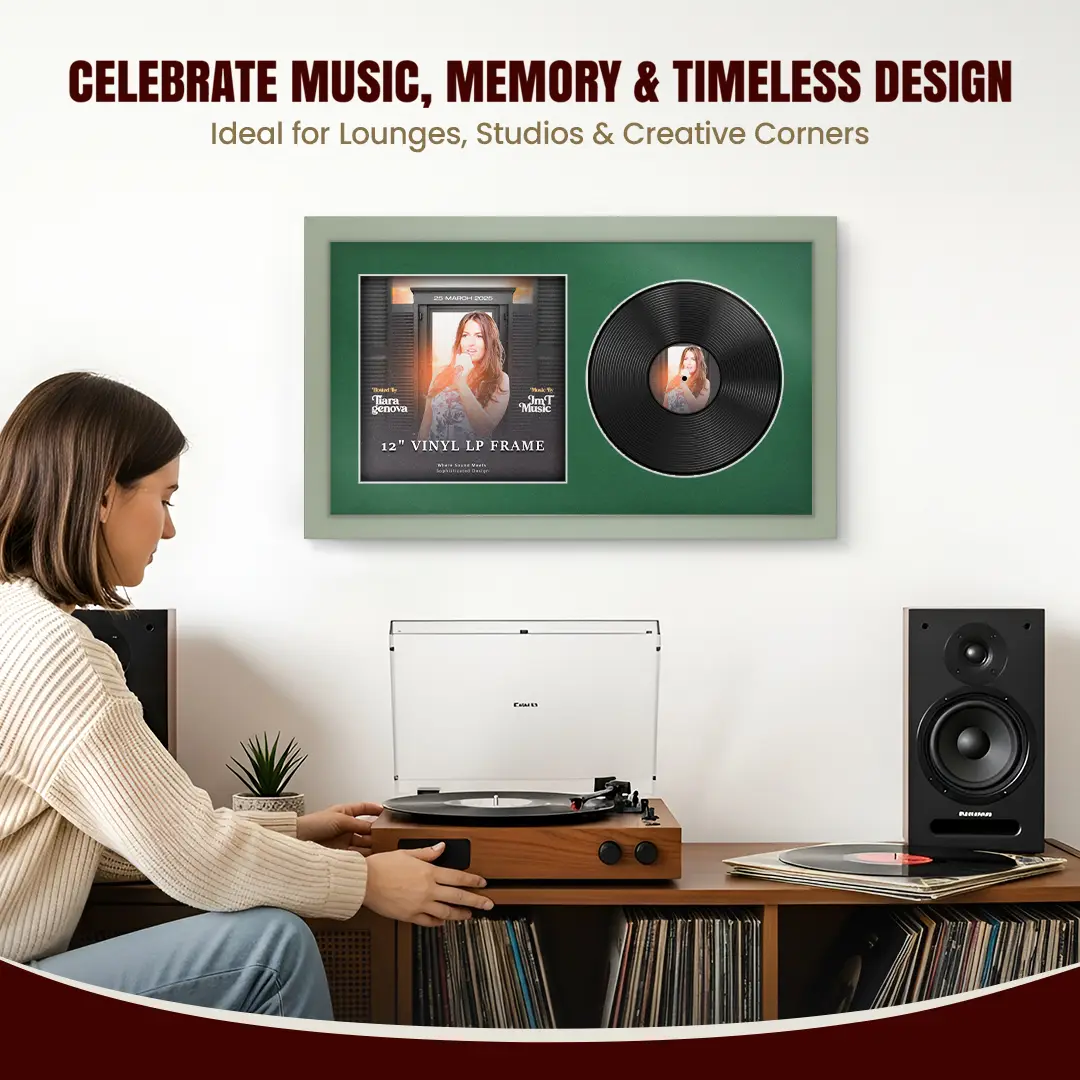 30x17" Modern Green Vinyl Record Frame With Emerald (Green) Mount | Side by Side 12" LP Cover & Disc Display thumbnail 4