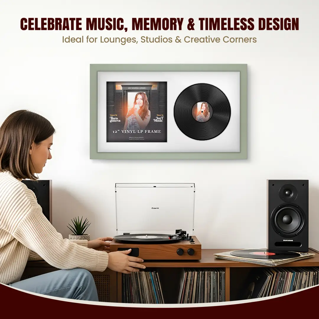 30x17" Modern Green Vinyl Record Frame With Ice White Mount | Displays 12" LP Cover & Disc Side by Side thumbnail 4