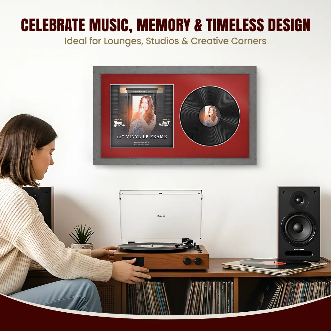 30x17" Modern Grey Marble Vinyl Record Frame With Crimson Mount | Displays 12" LP Cover & Disc Side by Side thumbnail 4