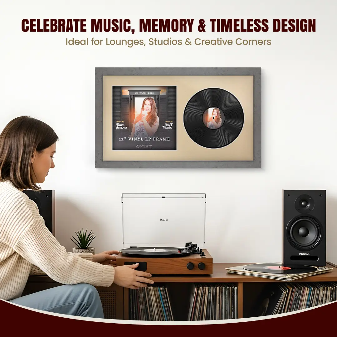 30x17" Modern Grey Marble Vinyl Record Frame With Ivory Mount | Displays 12" LP Cover & Disc Side by Side thumbnail 4