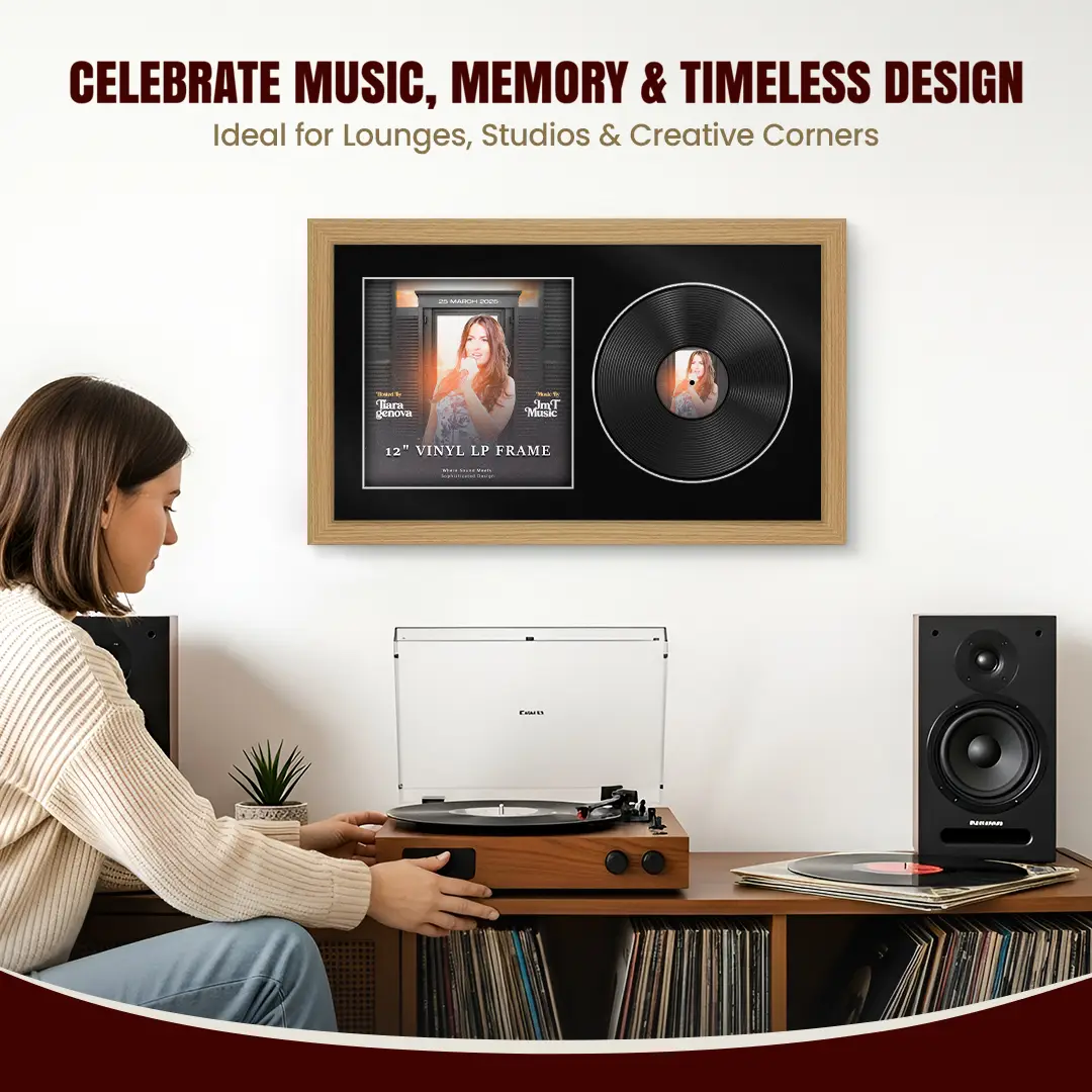 30x17" Modern Light Oak Vinyl Record Frame With Black Mount | For 12" LP Cover and Disc Side By Side Display thumbnail 4