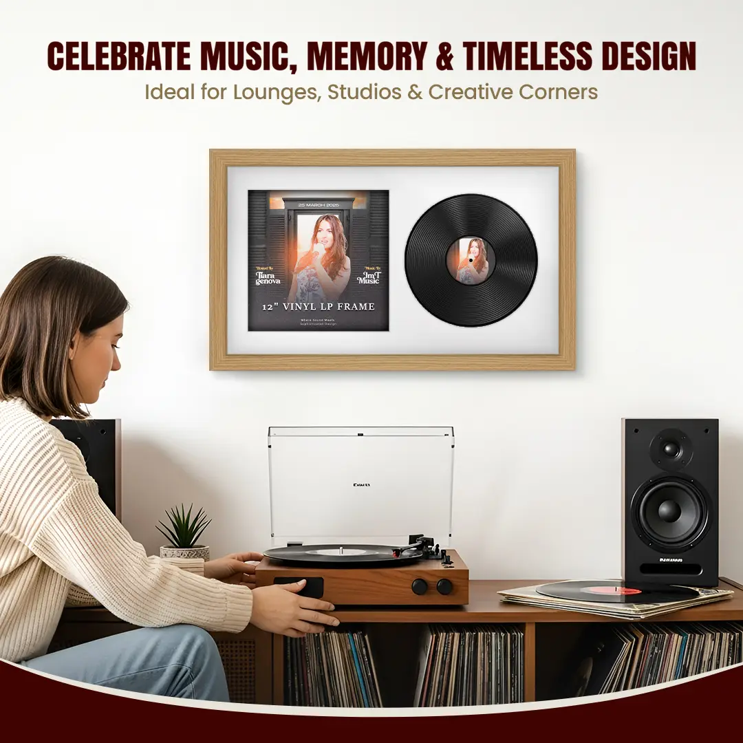 30x17" Modern Light Oak Vinyl Record Frame With Ice White Mount | For 12" LP Cover and Disc Side By Side Display thumbnail 4