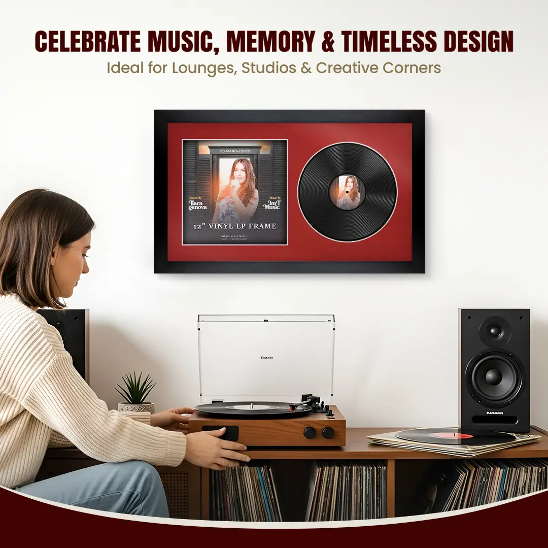 30x17" Modern Matte Black Vinyl Record Frame With Crimson Mount | Side by Side 12" LP Cover & Disc Display thumbnail 4