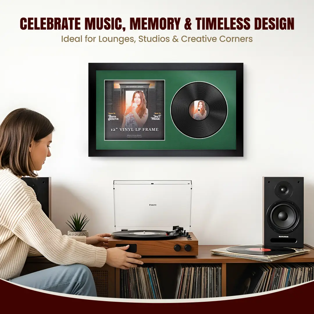 30x17" Modern Matte Black Vinyl Record Frame With Emerald (Green) Mount | For 12" LP Cover and Disc Side By Side Display thumbnail 4