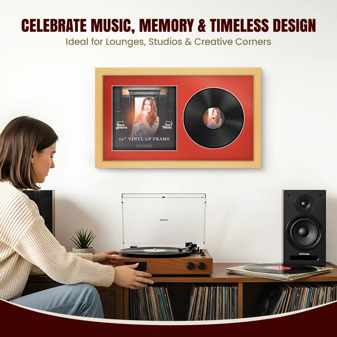 30x17" Modern Mustard Yellow Vinyl Record Frame With Poppy Red Mount | Displays 12" LP Cover & Disc Side by Side thumbnail 4