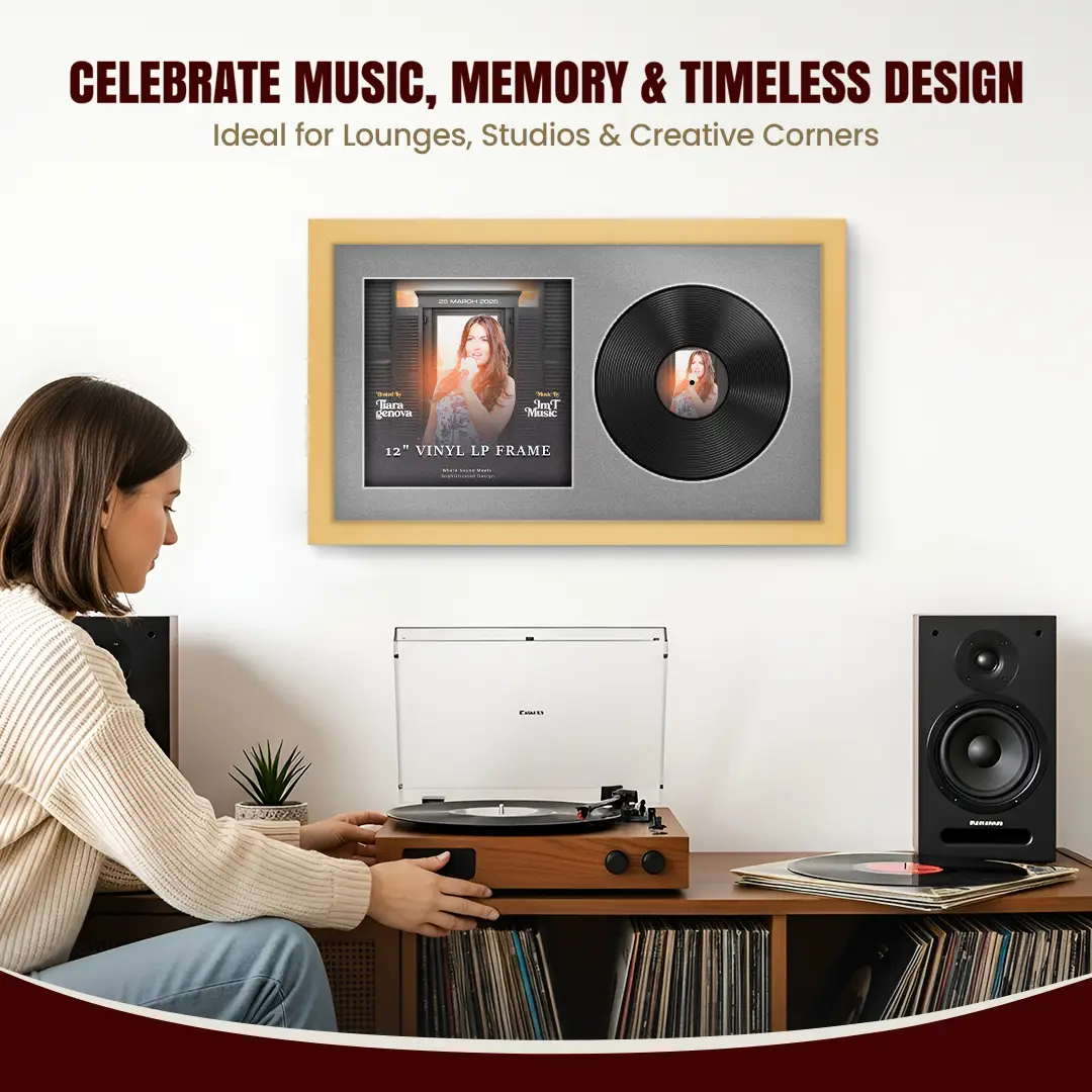 30x17" Modern Mustard Yellow Vinyl Record Frame With Silver Mount | Side by Side 12" LP Cover & Disc Display thumbnail 4