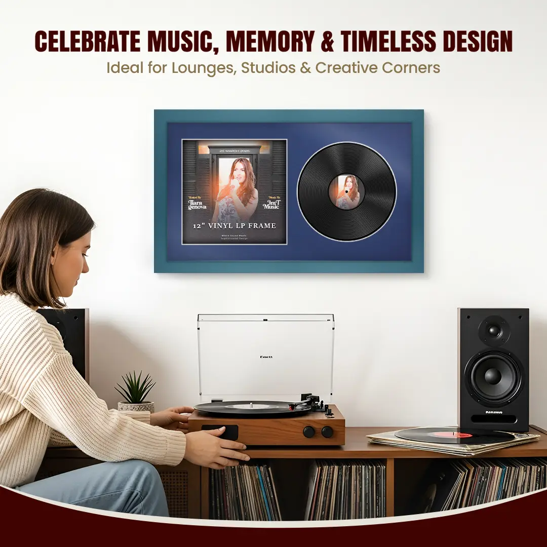 30x17" Modern Navy Blue Vinyl Record Frame With Blue Mount | Side by Side 12" LP Cover & Disc Display thumbnail 4