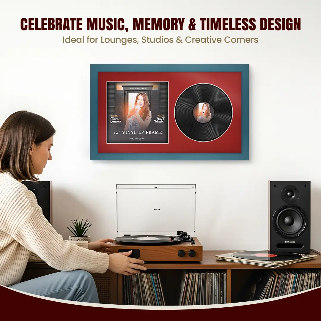 30x17" Modern Navy Blue Vinyl Record Frame With Crimson Mount | Side by Side 12" LP Cover & Disc Display thumbnail 4