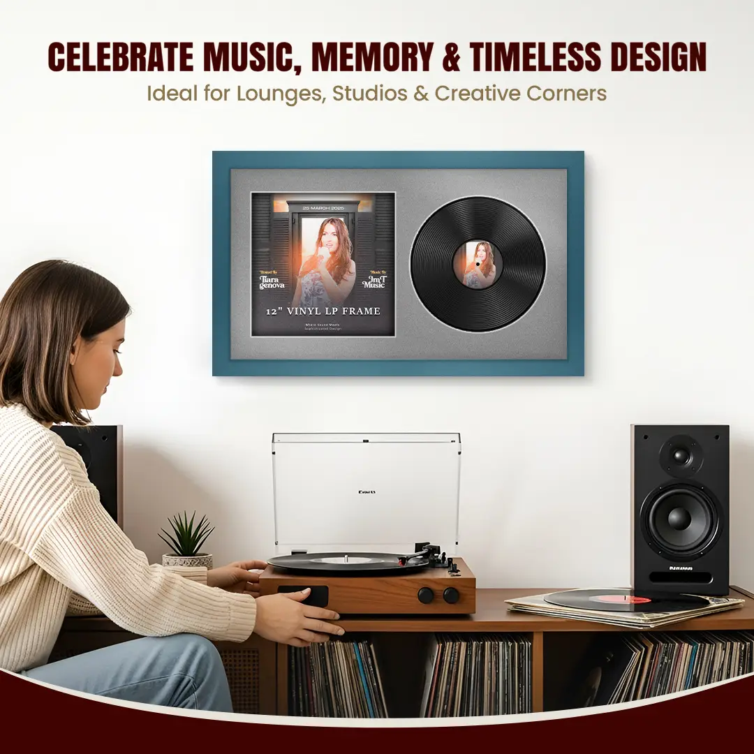 30x17" Modern Navy Blue Vinyl Record Frame With Silver Mount | Side by Side 12" LP Cover & Disc Display thumbnail 4