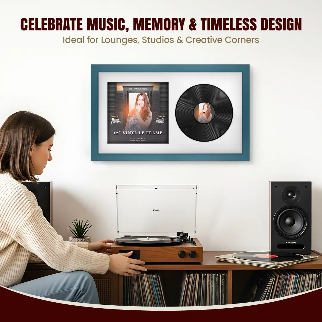 30x17" Modern Navy Blue Vinyl Record Frame With Ice White Mount | For 12" LP Cover and Disc Side By Side Display thumbnail 4