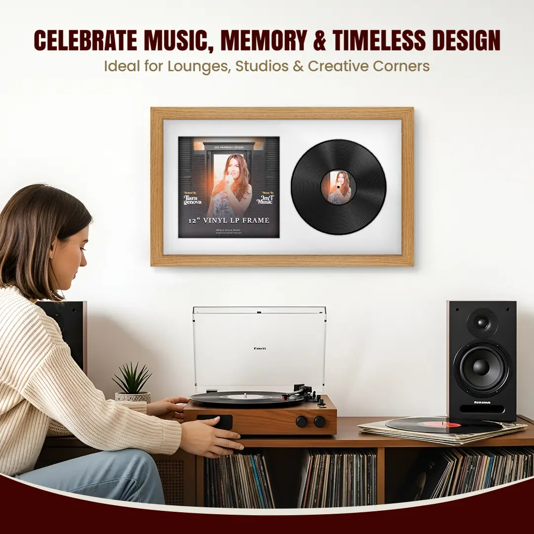 30x17" Modern Oak Vinyl Record Frame With Ice White Mount | Displays 12" LP Cover & Disc Side by Side thumbnail 4