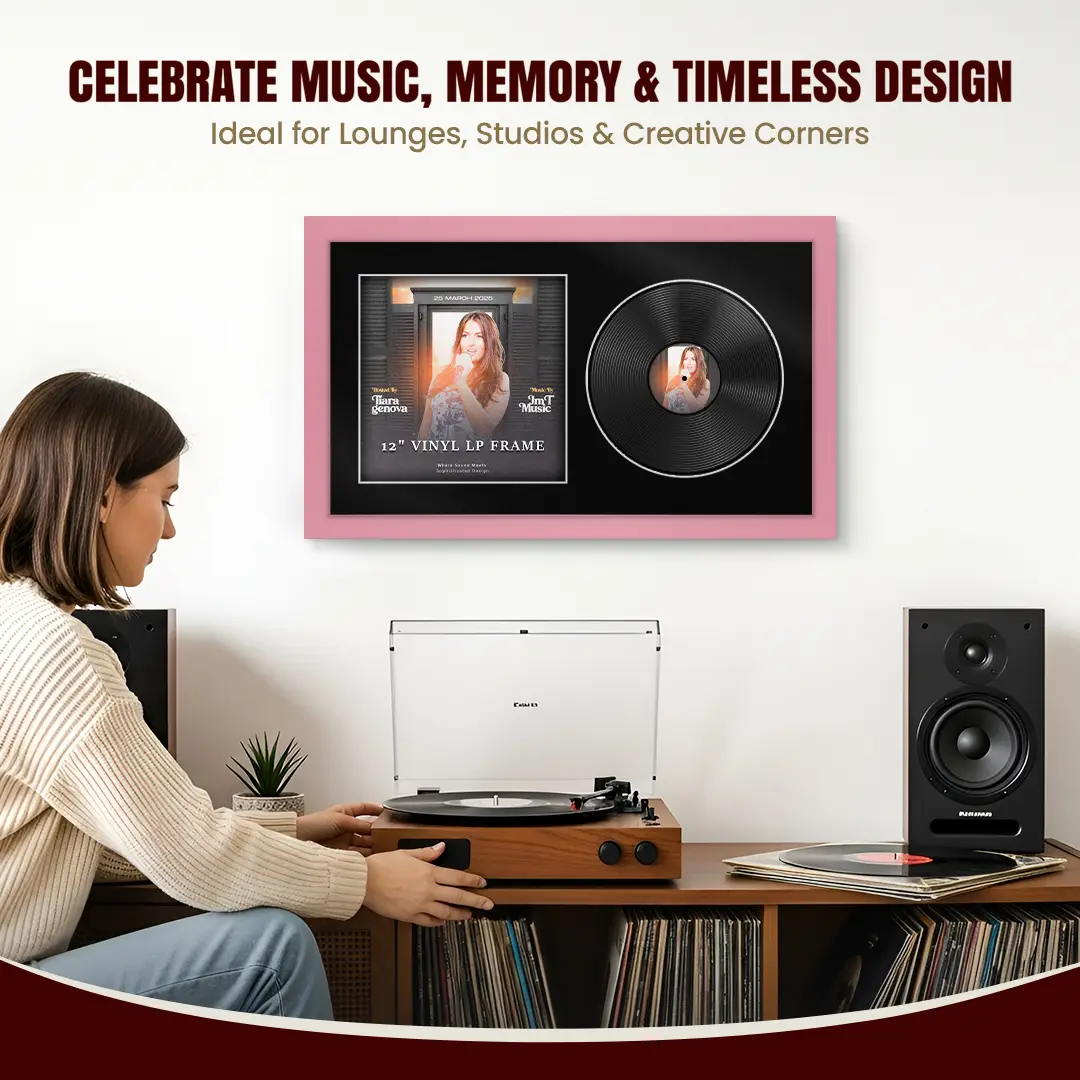 30x17" Modern Pastel Pink Vinyl Record Frame With Black Mount | Side by Side 12" LP Cover & Disc Display thumbnail 4