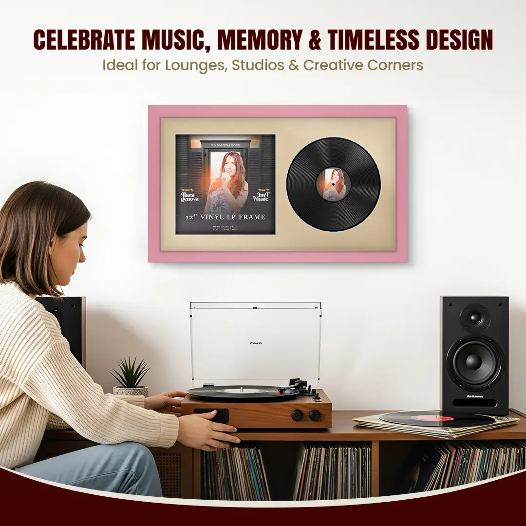 30x17" Modern Pastel Pink Vinyl Record Frame With Ivory Mount | Side by Side 12" LP Cover & Disc Display thumbnail 4