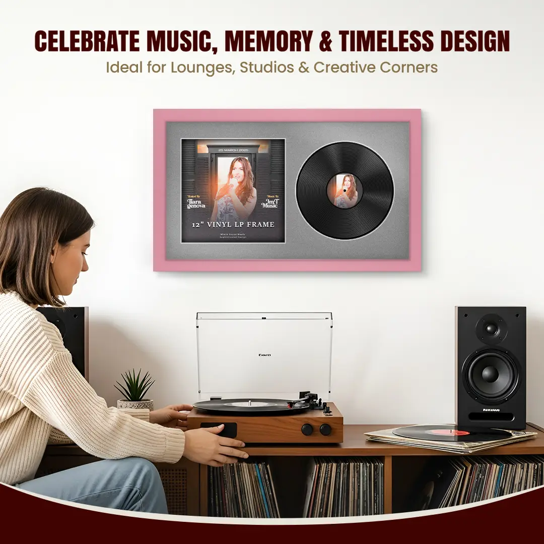30x17" Modern Pastel Pink Vinyl Record Frame With Silver Mount | Side by Side 12" LP Cover & Disc Display thumbnail 4