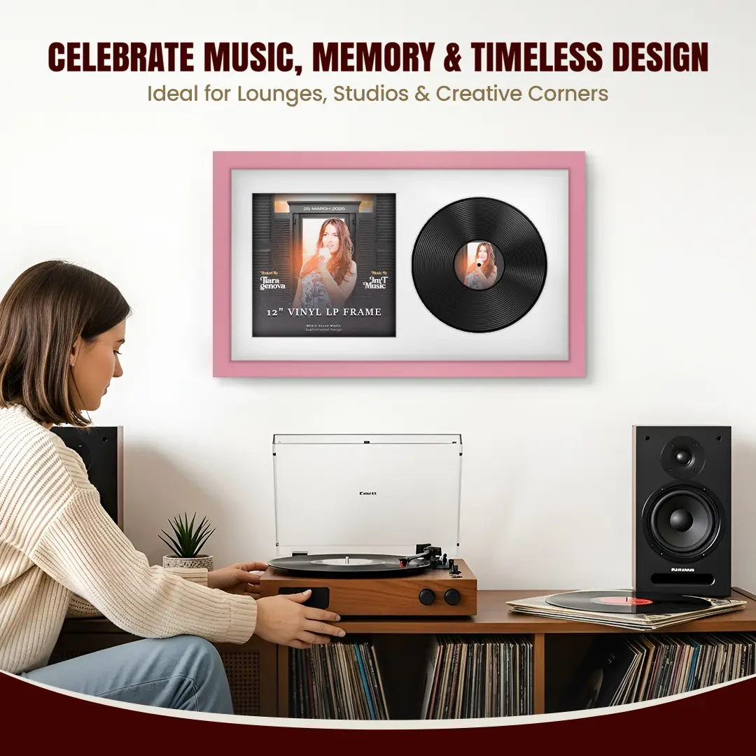 30x17" Modern Pastel Pink Vinyl Record Frame With Ice White Mount | Displays 12" LP Cover & Disc Side by Side thumbnail 4