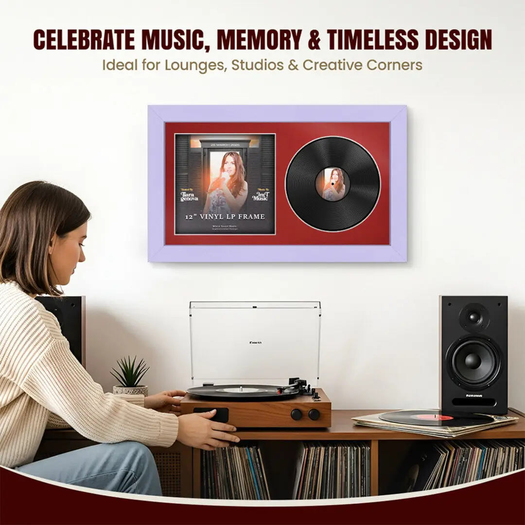30x17" Modern Purple Vinyl Record Frame With Crimson Mount | For 12" LP Cover and Disc Side By Side Display thumbnail 4