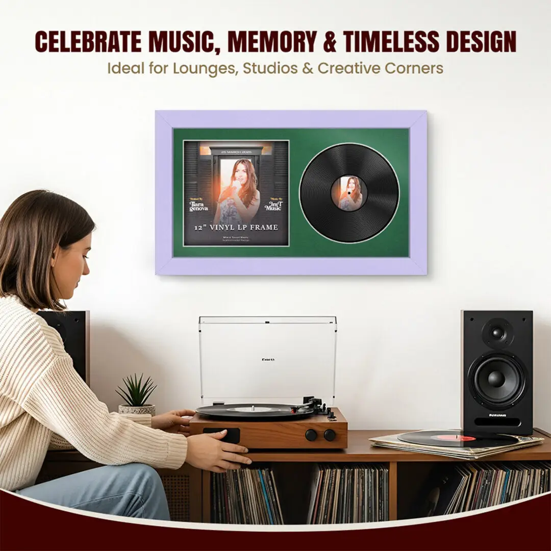 30x17" Modern Purple Vinyl Record Frame With Emerald (Green) Mount | For 12" LP Cover and Disc Side By Side Display thumbnail 4